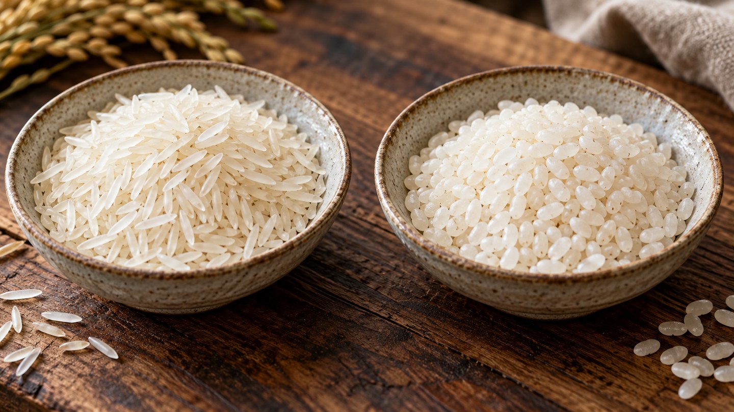 Ilustración de diferentes granos de arroz crudo en recipientes cerámicos.