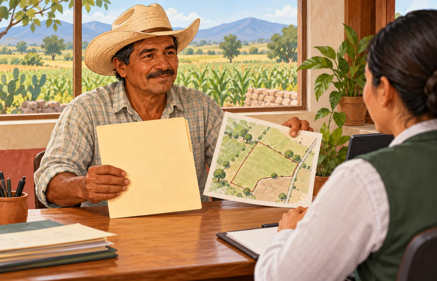 Ilustración de una persona productora que presenta documentos y un plano de su parcela en una oficina.