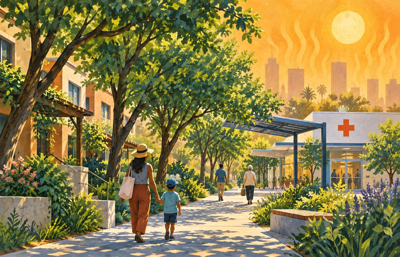 Ilustración conceptual de una calle con sombra, vegetación y servicios de salud ante el calor.