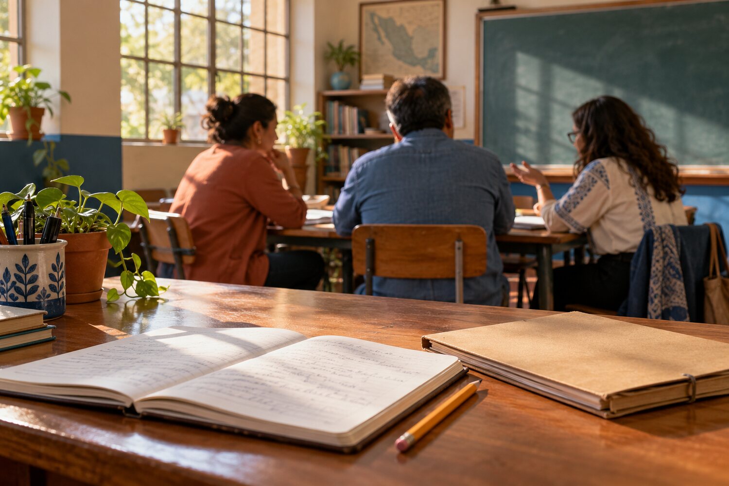 Ilustración de una mesa con cuaderno y docentes conversando en un aula ficticia.