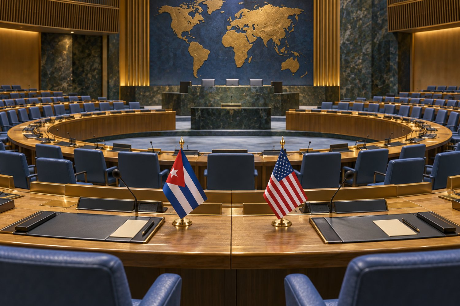 Ilustración conceptual IA de una sala diplomática y banderas de Cuba y Estados Unidos.