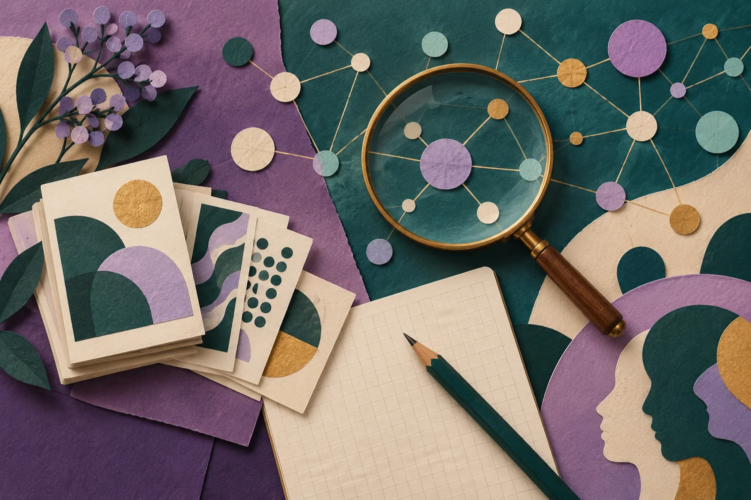 Ilustración IA de un cuaderno, lupa y conexiones abstractas para representar el estudio interdisciplinario de datos.