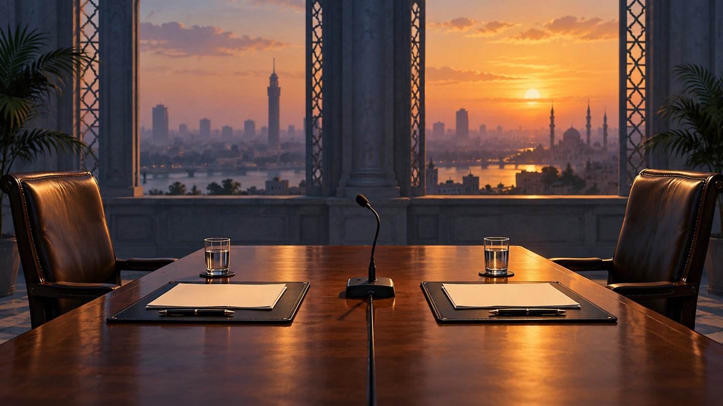 Ilustración conceptual de una mesa de negociación vacía frente a una vista inspirada en El Cairo; no representa una reunión real.
