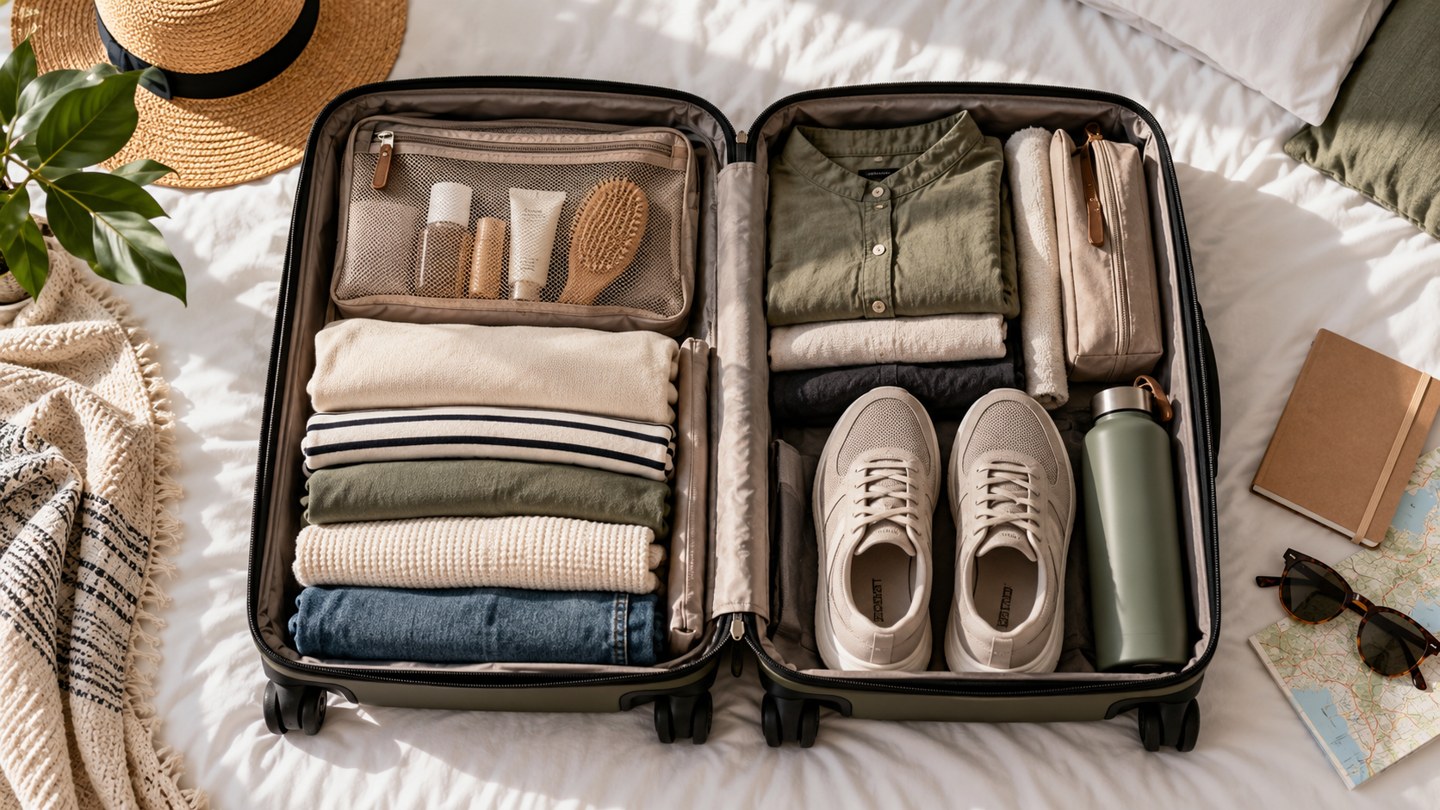Ilustración de una maleta abierta con prendas y objetos organizados para una escapada.
