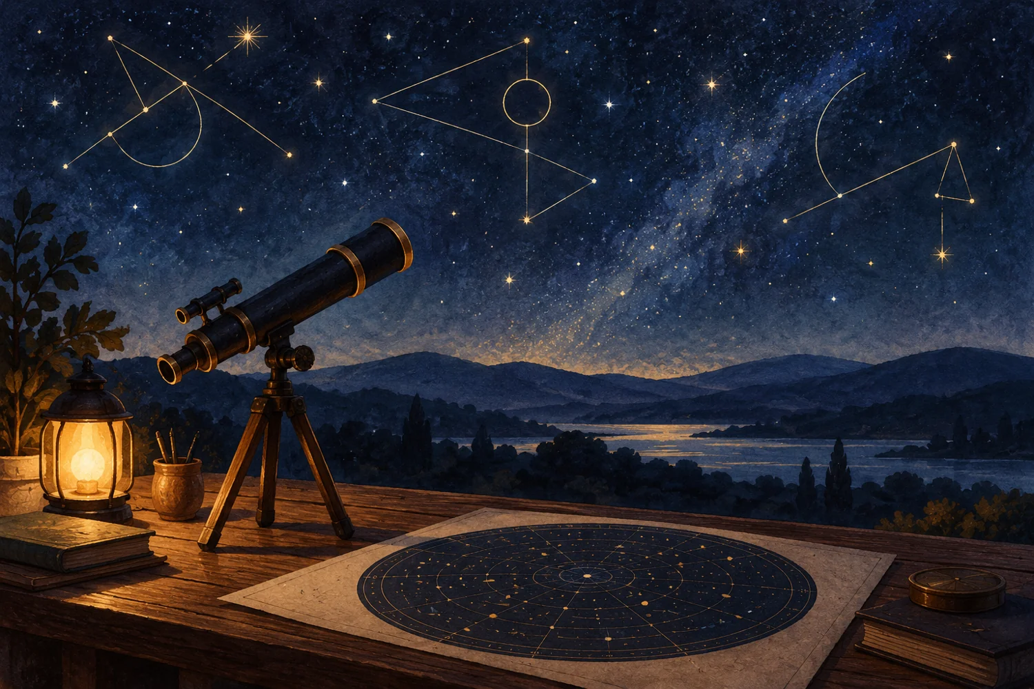 Ilustración IA de un telescopio y mapa estelar conceptual bajo un cielo de estrellas; no representa una observación real.