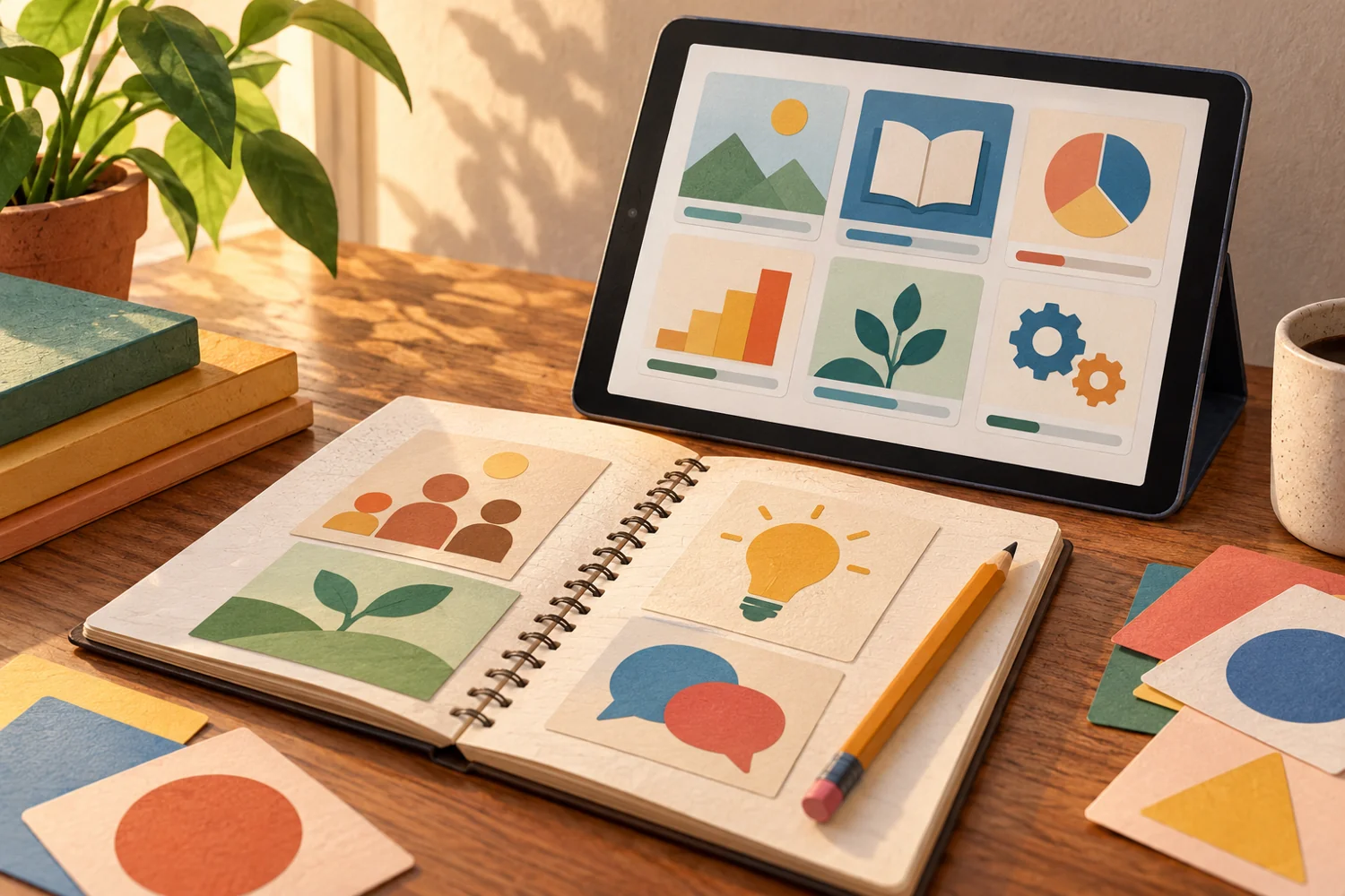 Ilustración de una tableta, cuaderno y tarjetas educativas para representar la formación de educadores de personas adultas.