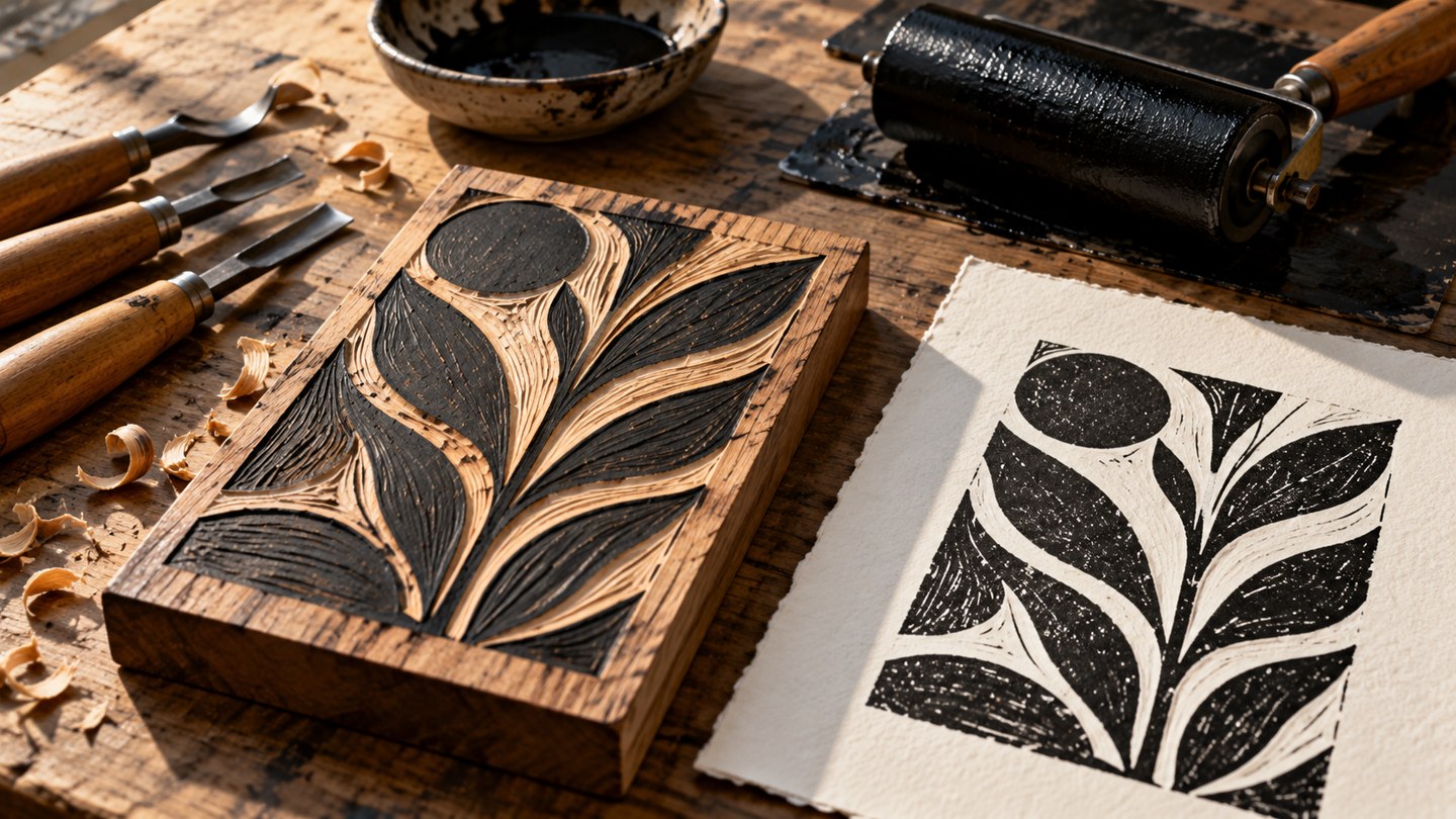 Ilustración con IA de una matriz de madera, herramientas y una estampa sobre una mesa de trabajo.