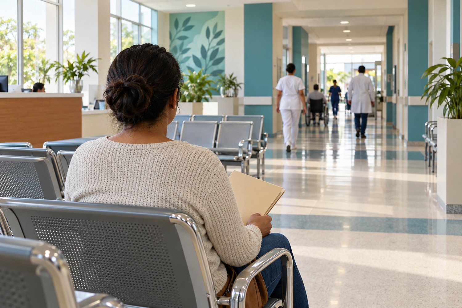 Ilustración IA de una sala de espera hospitalaria y un paciente de espaldas.