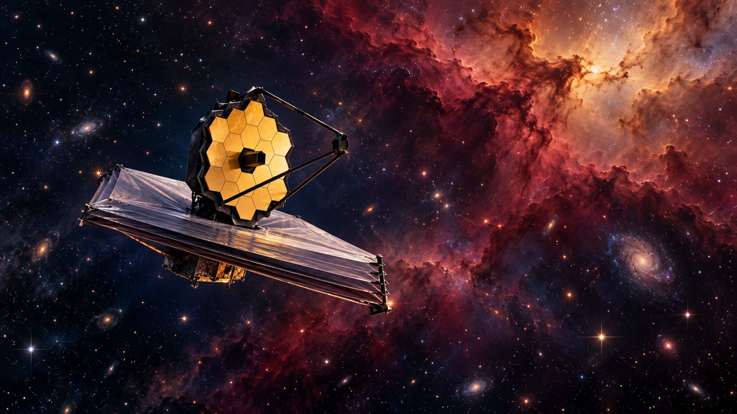 Ilustración conceptual de un telescopio espacial de espejo dorado y parasol frente a nubes cósmicas.
