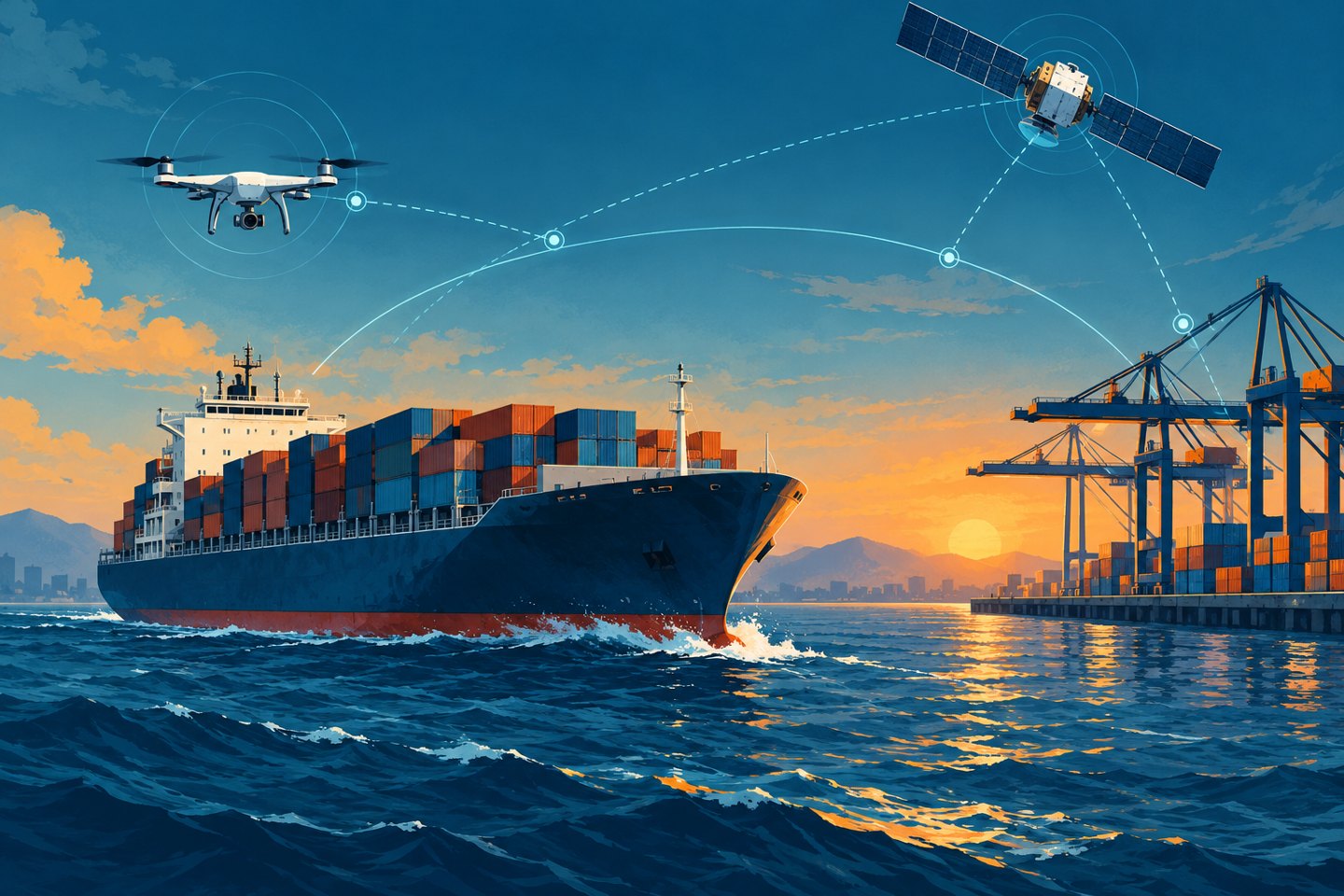Ilustración conceptual de un buque, un dron y un satélite conectados sobre el océano.