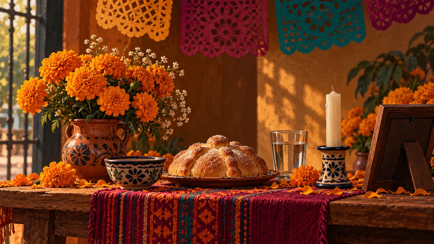 Ilustración de una ofrenda con cempasúchil, pan de muerto, agua, cerámica y papel picado.