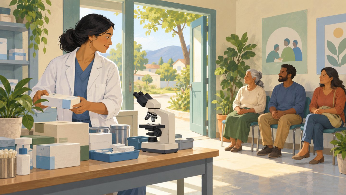 Ilustración de un centro de salud comunitario con personal, suministros y personas en espera; no representa un lugar ni un brote reales.