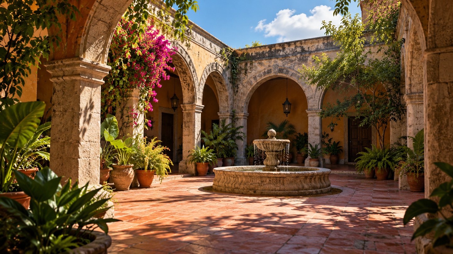 Ilustración con IA de un patio interior con corredores, vegetación y contrastes de luz y sombra.