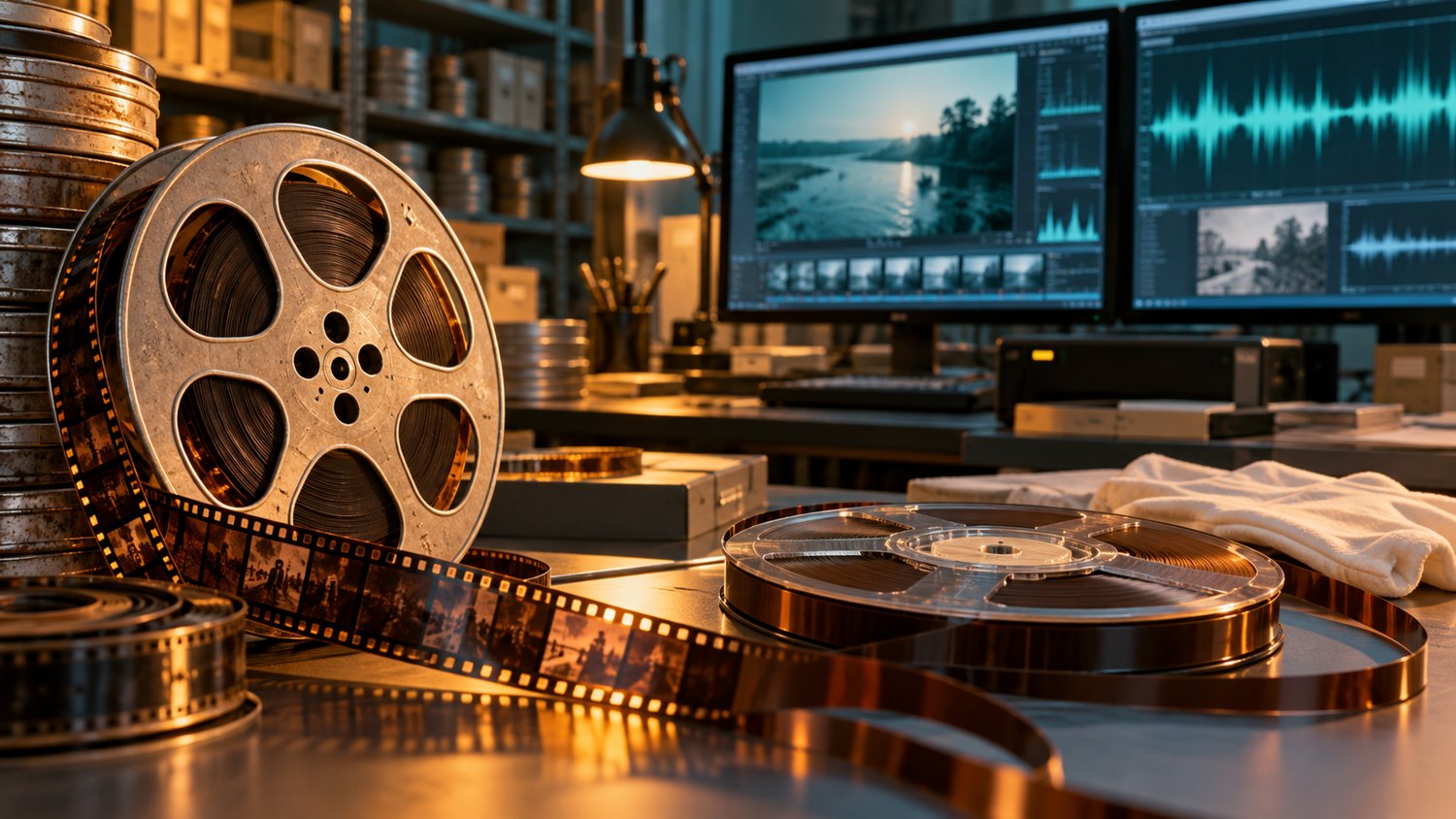 Ilustración conceptual de rollos de película y cinta de audio junto a equipo de preservación digital.
