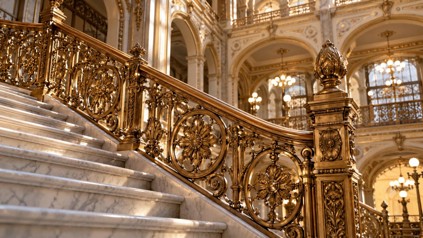 Ilustración con IA inspirada en la escalera y los ornamentos del Palacio Postal; no es registro documental.