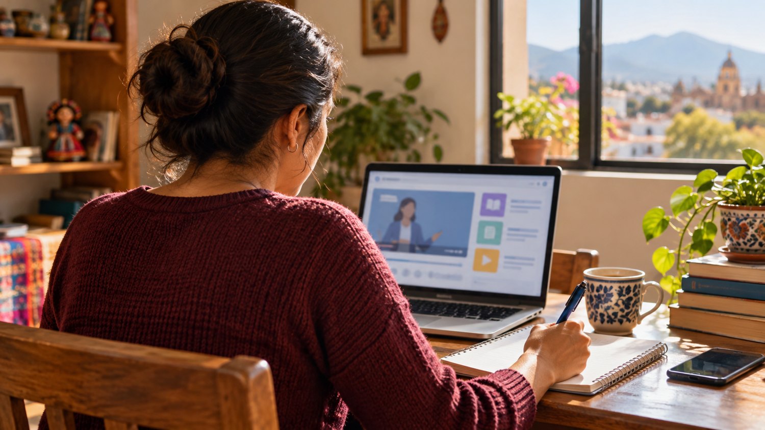 Ilustración de una mujer adulta estudiando con una computadora portátil en casa.