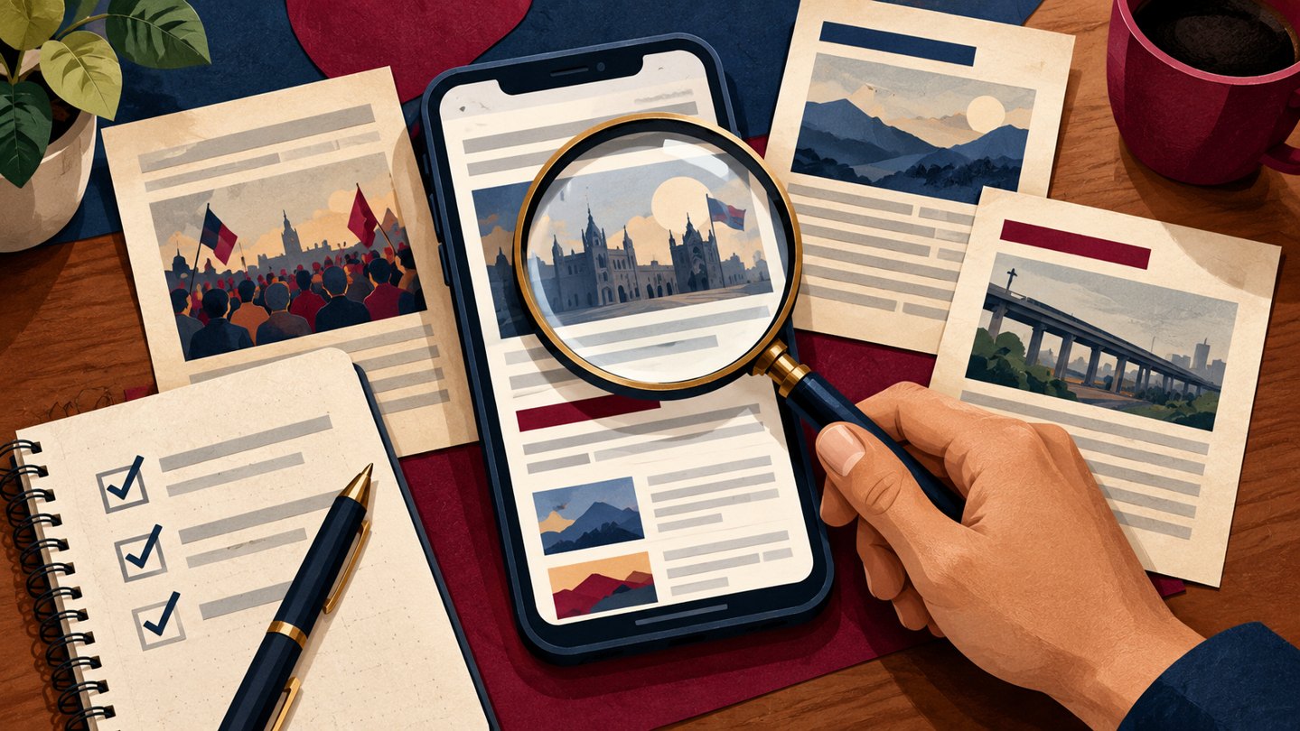 Ilustración de un teléfono, documentos y una lupa para representar la verificación de noticias.