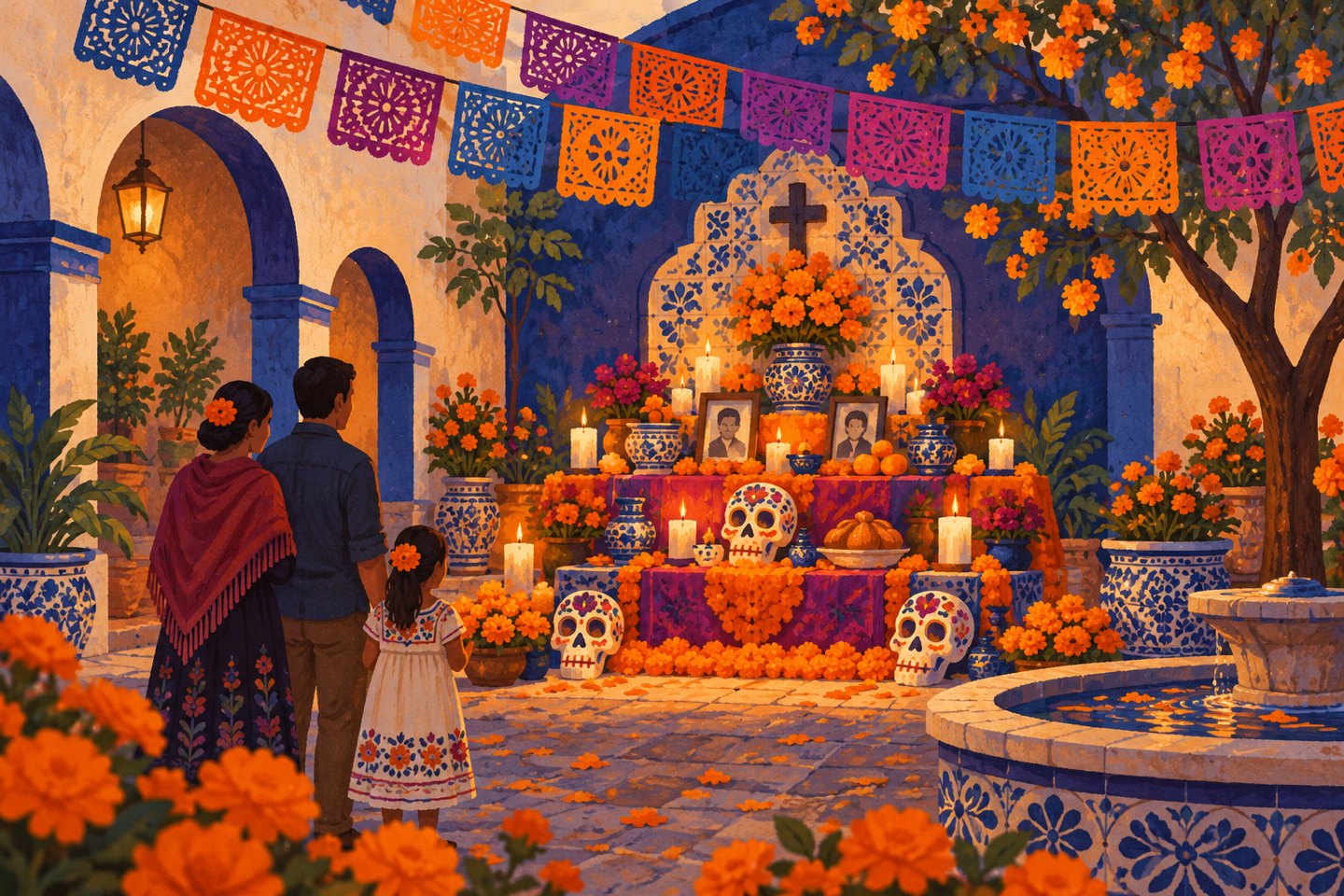 Ilustración conceptual de una ofrenda con cempasúchil y papel picado en un patio de Puebla.