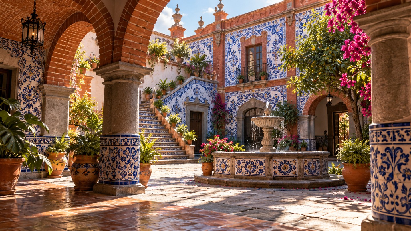 Ilustración conceptual de arquitectura con ladrillo y azulejos inspirada en Puebla; no representa un inmueble exacto.