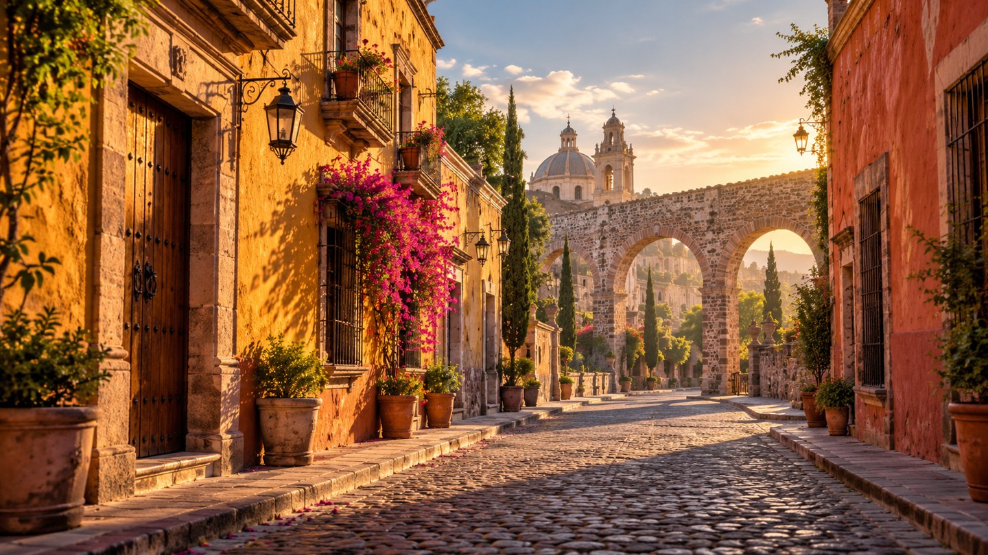 Ilustración conceptual de calles, cantera y arcos inspirados en Querétaro; no representa una vista geográfica exacta.