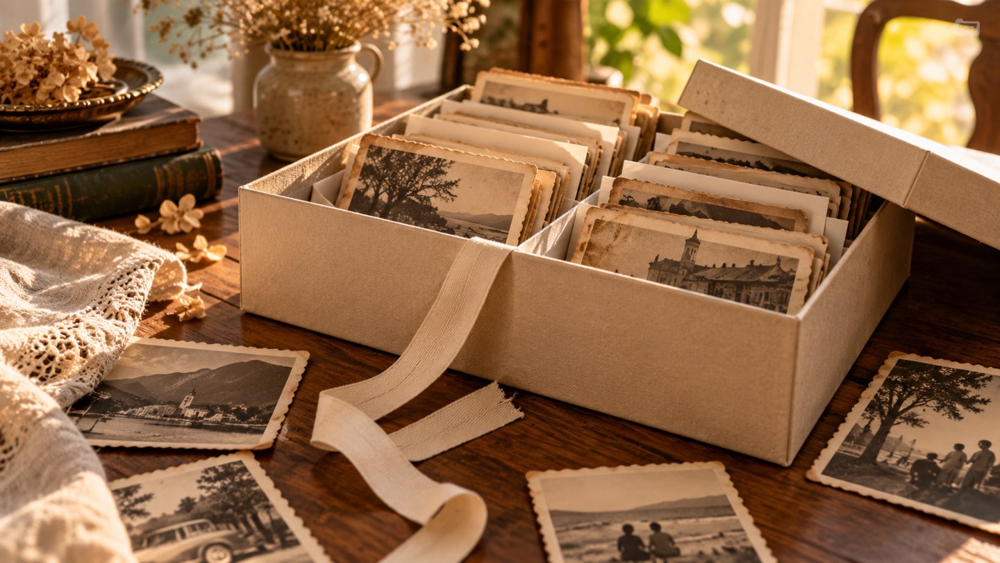 Ilustración de una caja de conservación y fotografías familiares no identificables sobre una mesa.