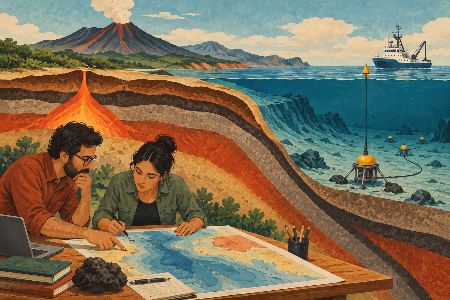 Ilustración conceptual de investigadores, un corte geológico y sensores en el fondo marino.