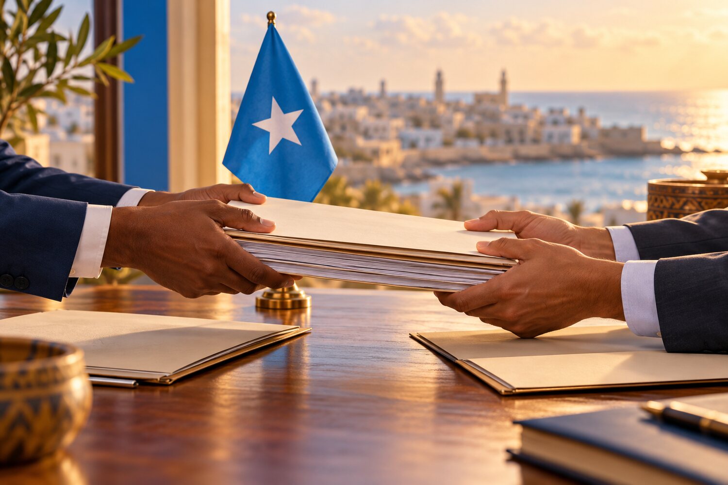 Ilustración conceptual de manos intercambiando documentos junto a una bandera de Somalia.