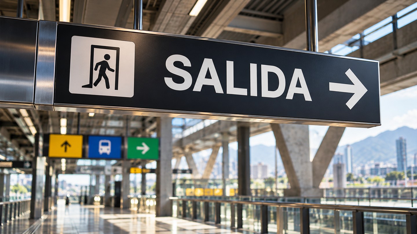 Ilustración conceptual de señalética tipográfica en una estación de transporte ficticia.