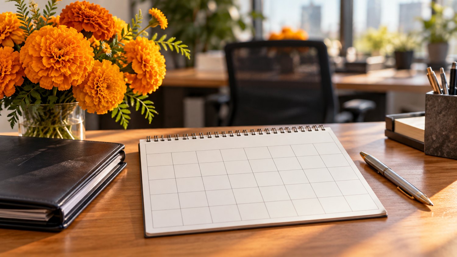 Ilustración conceptual de una agenda sin fechas, carpeta de trabajo y flores de cempasúchil en un escritorio.