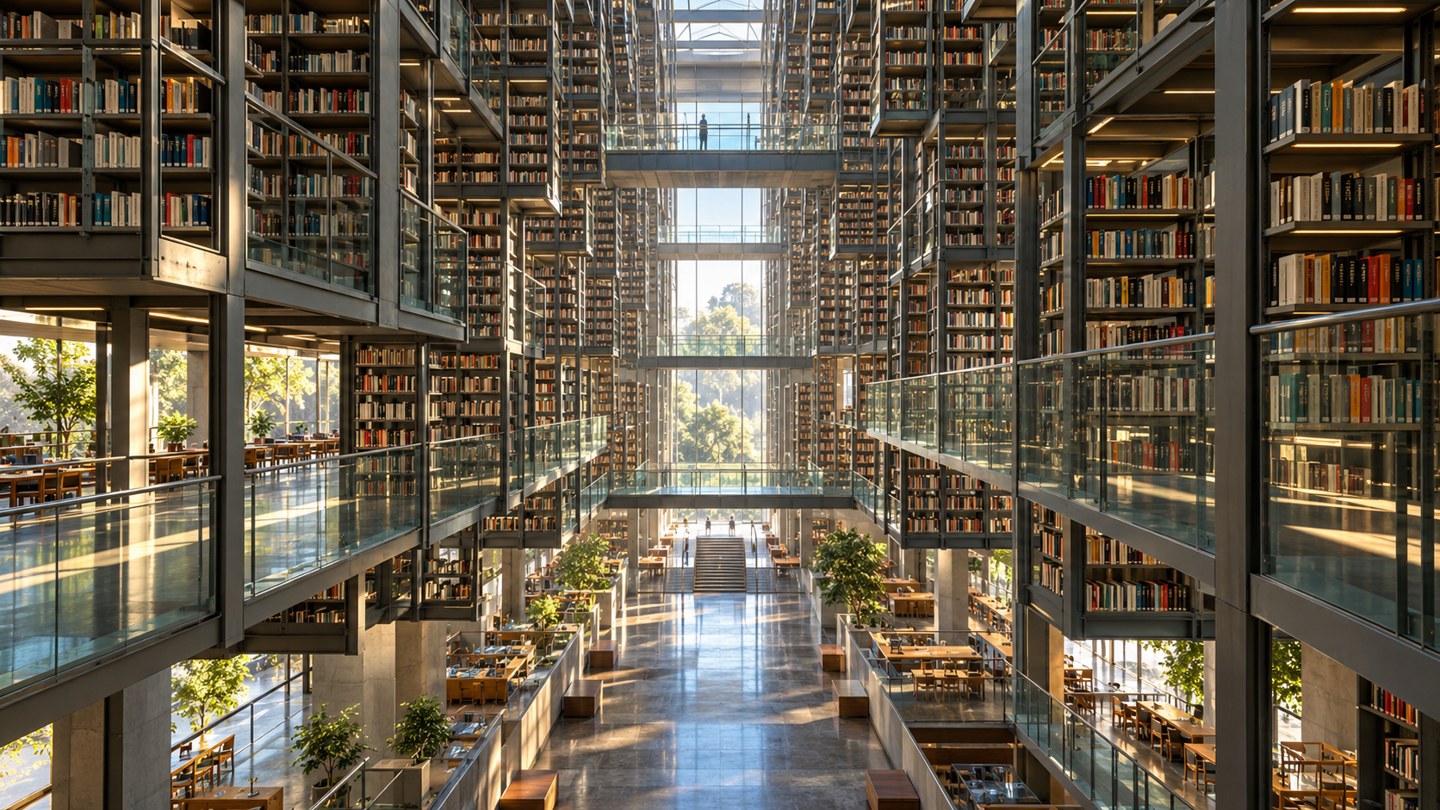 Ilustración con IA inspirada en el espacio interior y las estanterías de la Biblioteca Vasconcelos.